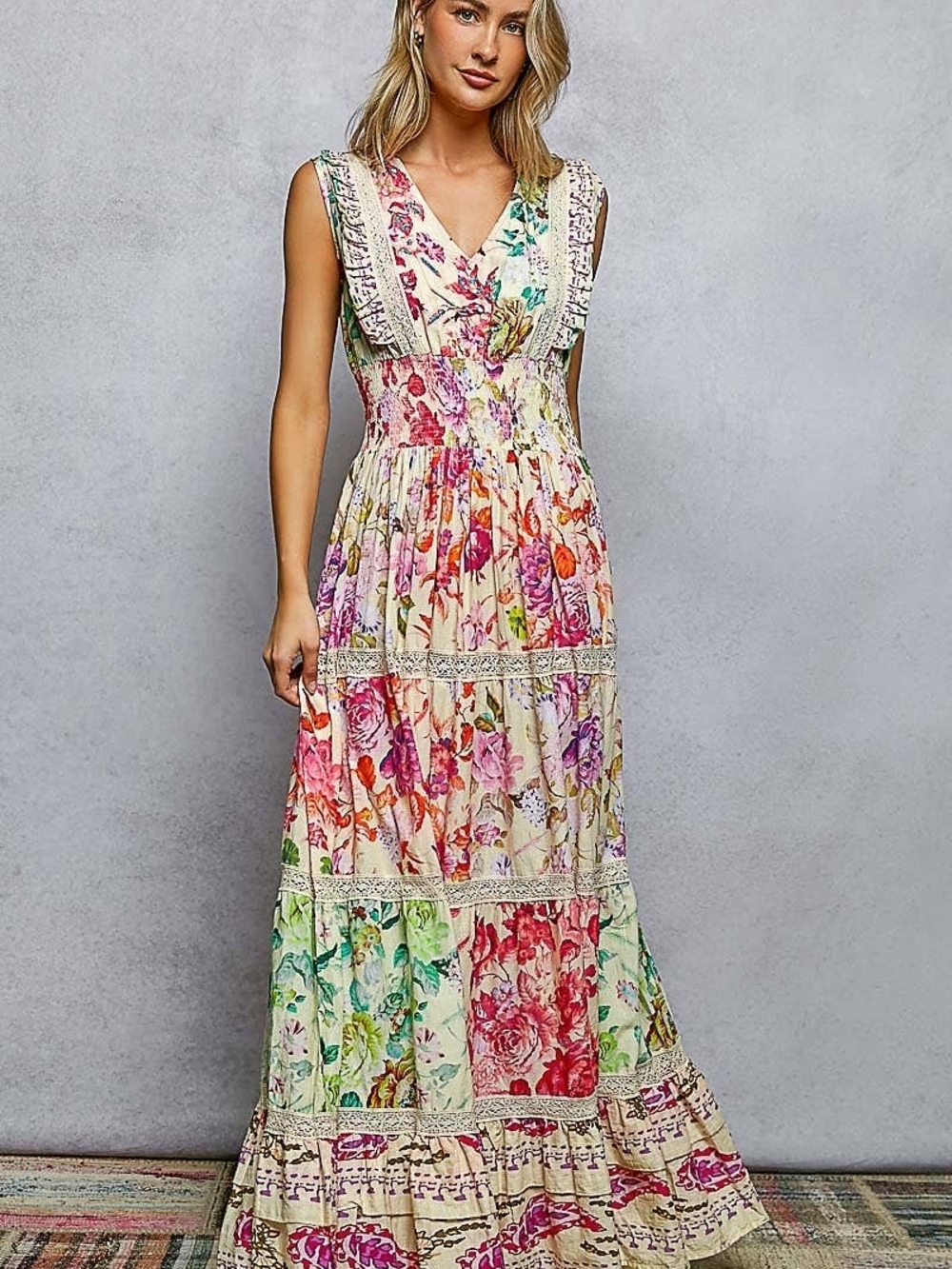 POL Floral Beaded Dress in Cream, Pink & Green Lg - Picture 2 of 8